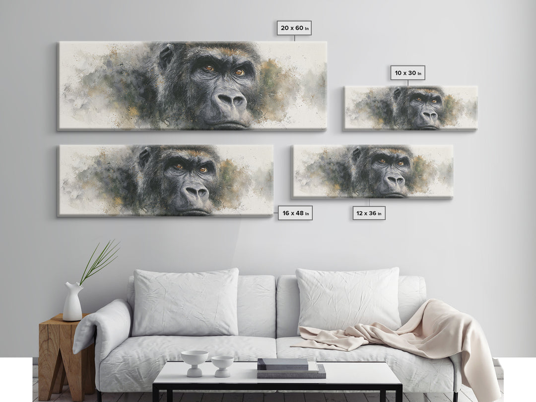 Gorilla Portrait with Powerful Gaze Framed Canvas Print, Wildlife Art, Leopard Wall Art, Living Room Decor, Fine Art, Wild, WIL-3x1-57