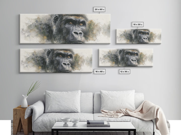 Gorilla Portrait with Powerful Gaze Framed Canvas Print, Wildlife Art, Leopard Wall Art, Living Room Decor, Fine Art, Wild, WIL-3x1-57
