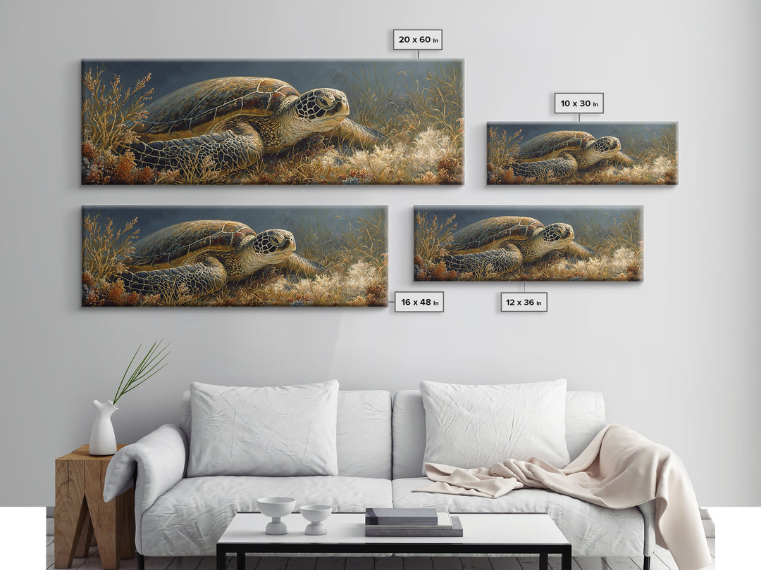 Sea Turtle over Coral Reef Framed Canvas Print, Wildlife Art, Modern Wall Art, Living Room Decor, Fine Art, Wild, Bird Wall Art, WIL-3x1-58