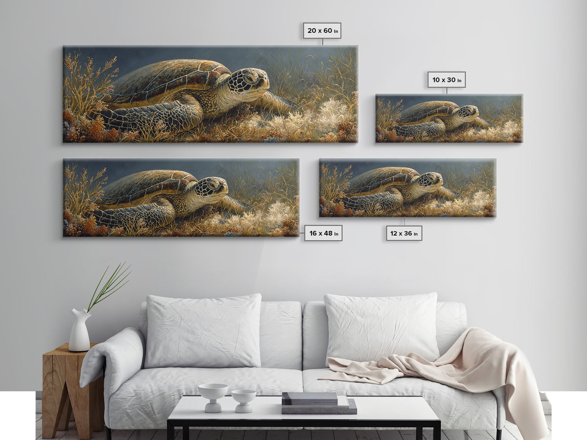 Sea Turtle over Coral Reef Framed Canvas Print, Wildlife Art, Modern Wall Art, Living Room Decor, Fine Art, Wild, Bird Wall Art, WIL-3x1-58