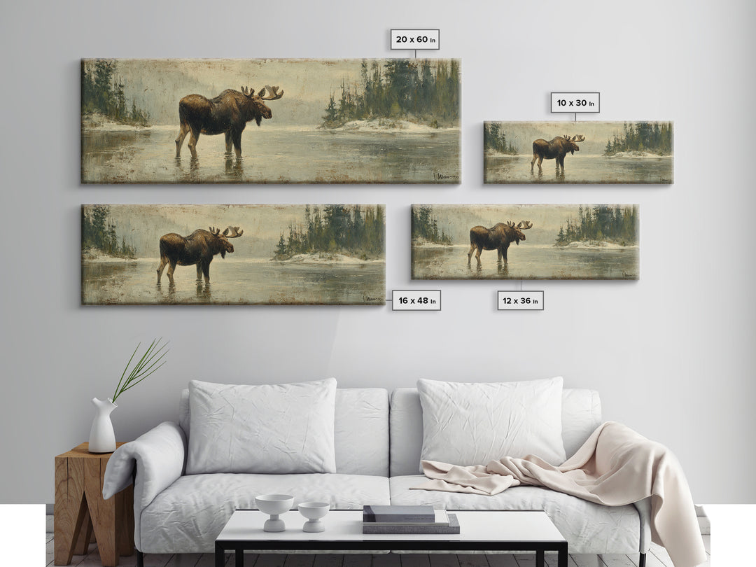 Moose Standing in Reflective Lake Framed Canvas Print, Wildlife Art, Wall Art, Living Room Decor, Wild, Modern Wall Art, WIL-3x1-59