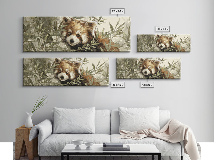 Red Panda Among Bamboo Leaves Framed Canvas Print, Wildlife Art, Boho Decor, Living Room Decor, Fine Art, Wild, Painting, WIL-3x1-60