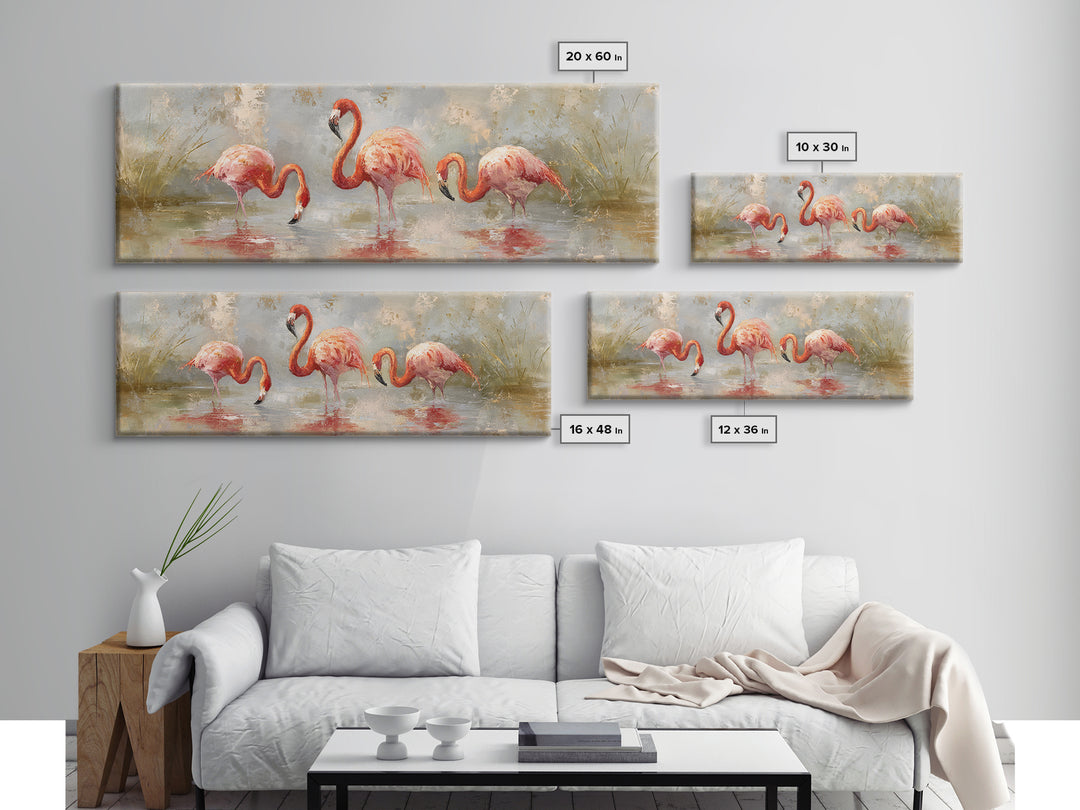 Flamingos in Pink Shallow Water Canvas Print, Wildlife Art, Gallery Decor, Living Room Decor, Oil Painting, Wild, WIL-3x1-62