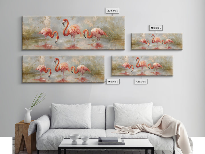 Flamingos in Pink Shallow Water Canvas Print, Wildlife Art, Gallery Decor, Living Room Decor, Oil Painting, Wild, WIL-3x1-62