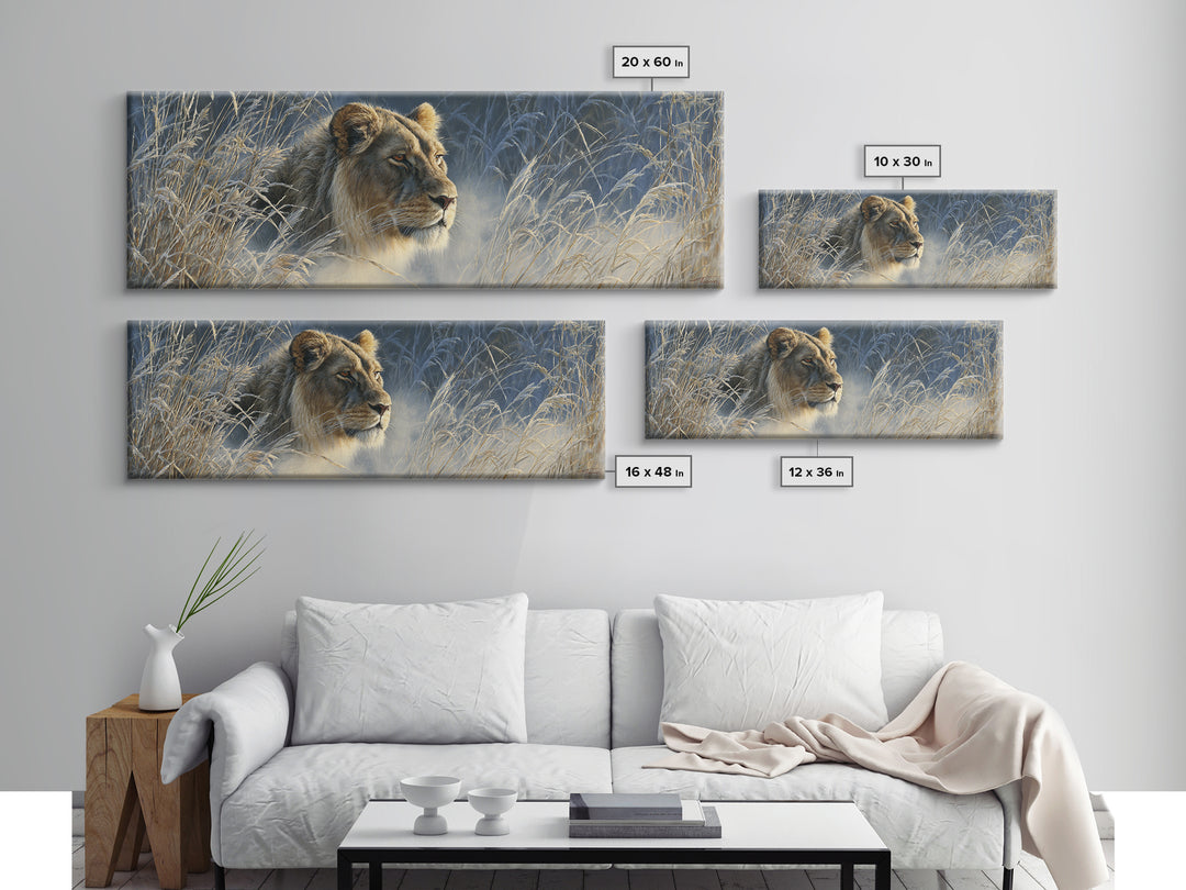 Lion Emerging from Golden Savanna Grass Canvas Print, Wildlife Art, Living Room Art, Living Room Decor, Watercolor Art, Wild, WIL-3x1-65
