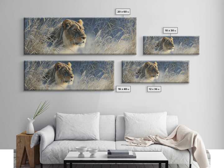 Lion Emerging from Golden Savanna Grass Canvas Print, Wildlife Art, Living Room Art, Living Room Decor, Watercolor Art, Wild, WIL-3x1-65