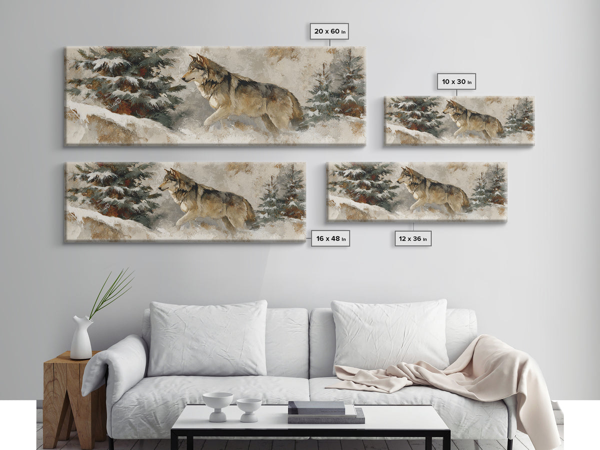 Wolf Standing Beneath Snowy Pine Trees Framed Canvas Print, Wildlife Art, Large Wall Art, Living Room Decor, Abstract Art, Wild, WIL-3x1-67