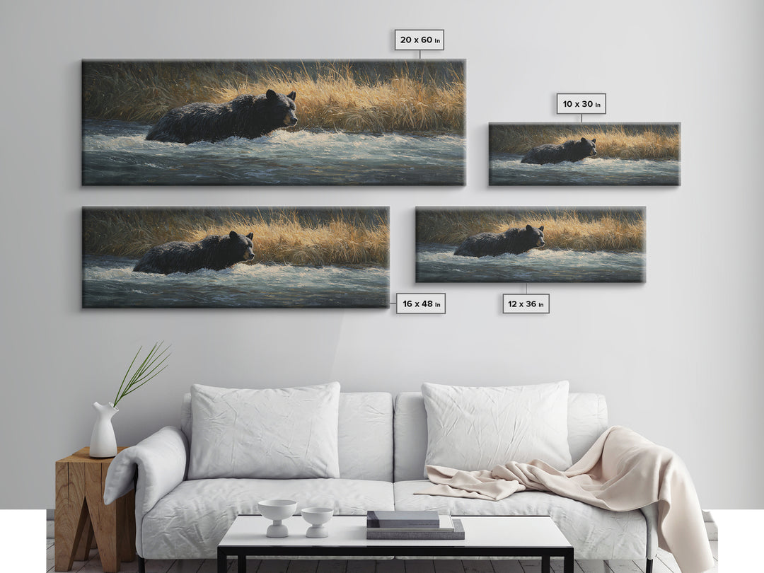 Bear Fishing in Rushing Mountain River Framed Canvas Print, Wildlife Art, Living Room Decor, Watercolor Art, Wild, WIL-3x1-68