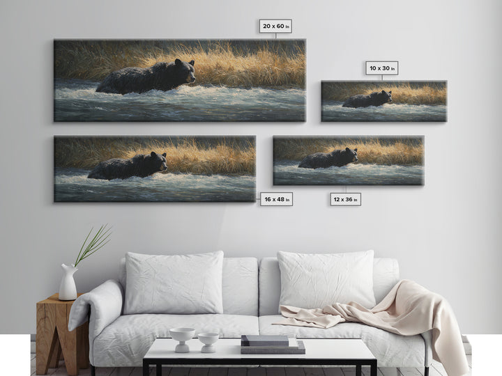 Bear Fishing in Rushing Mountain River Framed Canvas Print, Wildlife Art, Living Room Decor, Watercolor Art, Wild, WIL-3x1-68