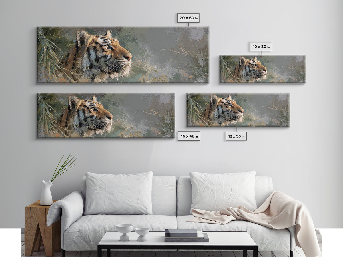 Tiger Portrait with Jungle Shadows Framed Canvas Print, Wildlife Art, Canvas Painting, Living Room Decor, Fine Art, Wild, WIL-3x1-69