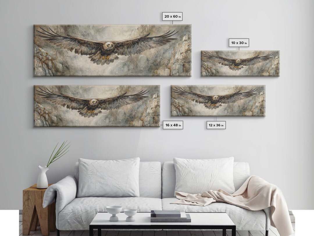 Eagle Soaring Above Rocky Cliffs Canvas Print, Wildlife Art, Art Print, Living Room Decor, Oil Painting, Wild, Digital Wall Art, WIL-3x1-70