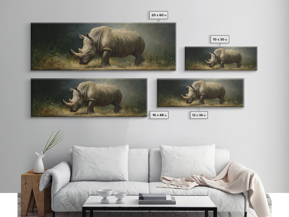Rhino in Dramatic Stormy Light Framed Canvas Print, Wildlife Art, Wall Art, Living Room Decor, Fine Art, Wild, Modern Wall Art, WIL-3x1-72
