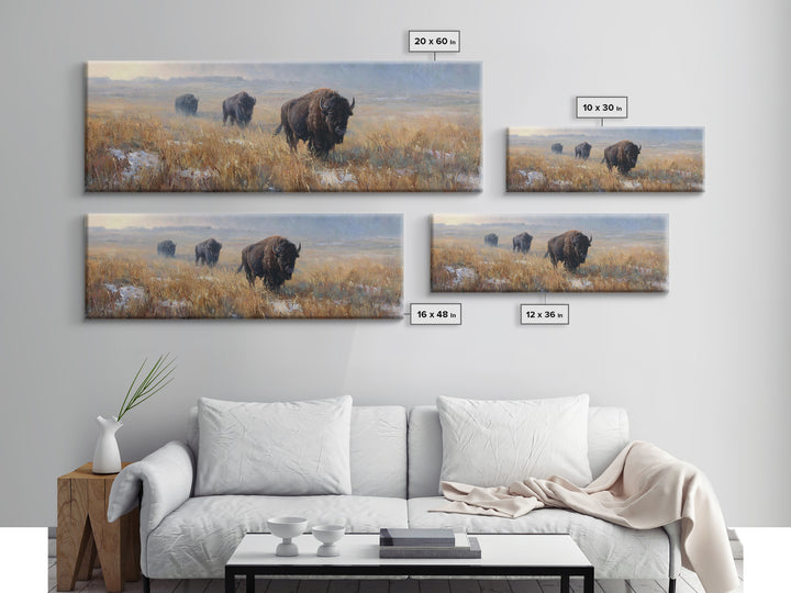 Bison on Wide Western Prairie Framed Canvas Print, Wildlife Art, Landscape Art, Living Room Decor, Fine Art, Wild, Modern Decor, WIL-3x1-77
