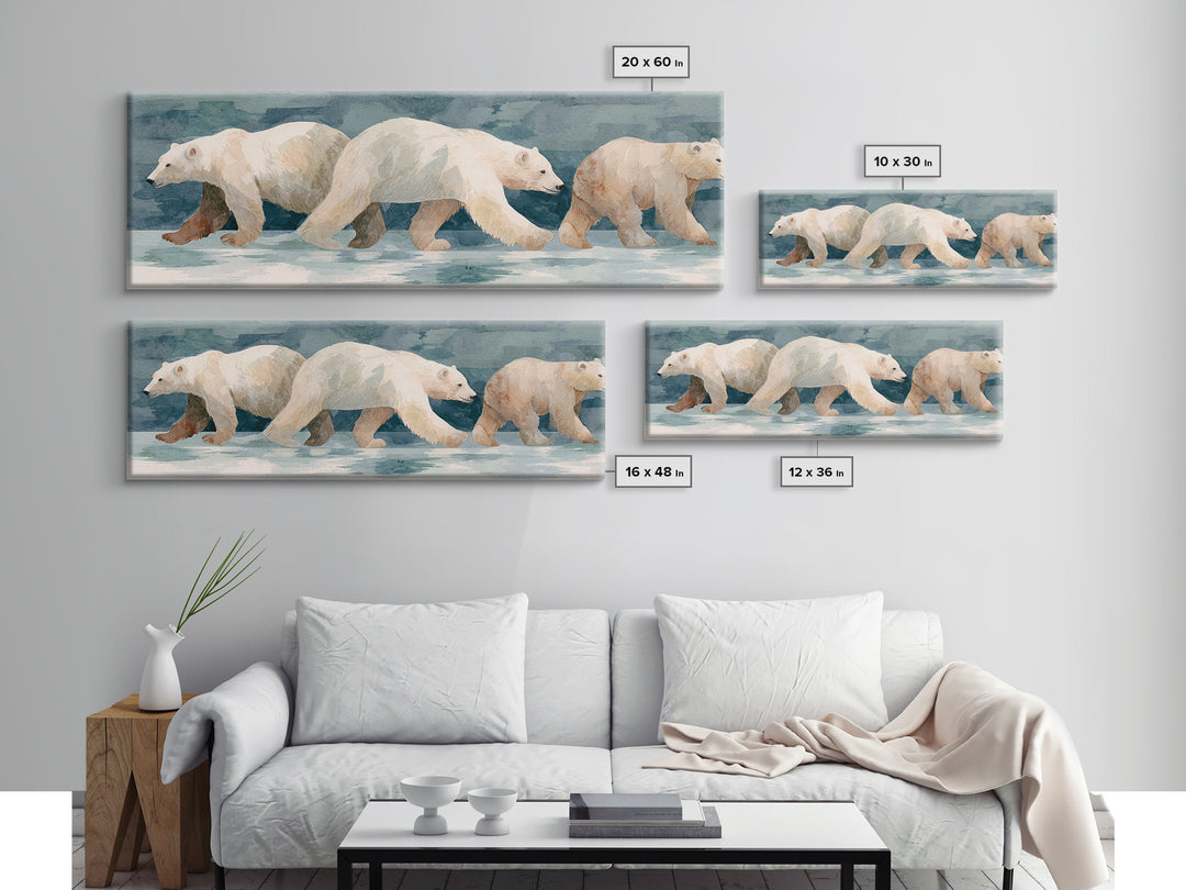 Polar Bear Crossing Blue Ice Framed Canvas Print, Wildlife Art, Living Room Decor, Oil Painting, Wild, Living Room Art, WIL-3x1-79