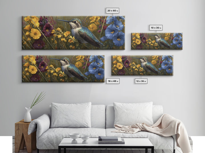 Hummingbird Beside Bright Flowers Canvas Print, Wildlife Art, Living Room Art, Living Room Decor, Watercolor Art, Wild, WIL-3x1-8