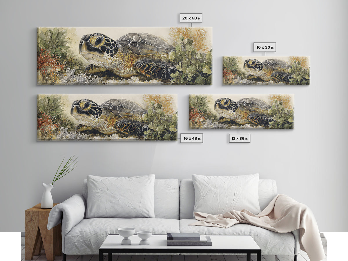 Sea Turtle over Coral Reef Framed Canvas Print, Wildlife Art, Modern Wall Art, Living Room Decor, Fine Art, Wild, Bird Wall Art, WIL-3x1-82