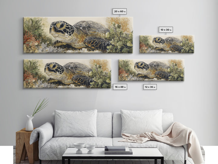 Sea Turtle over Coral Reef Framed Canvas Print, Wildlife Art, Modern Wall Art, Living Room Decor, Fine Art, Wild, Bird Wall Art, WIL-3x1-82