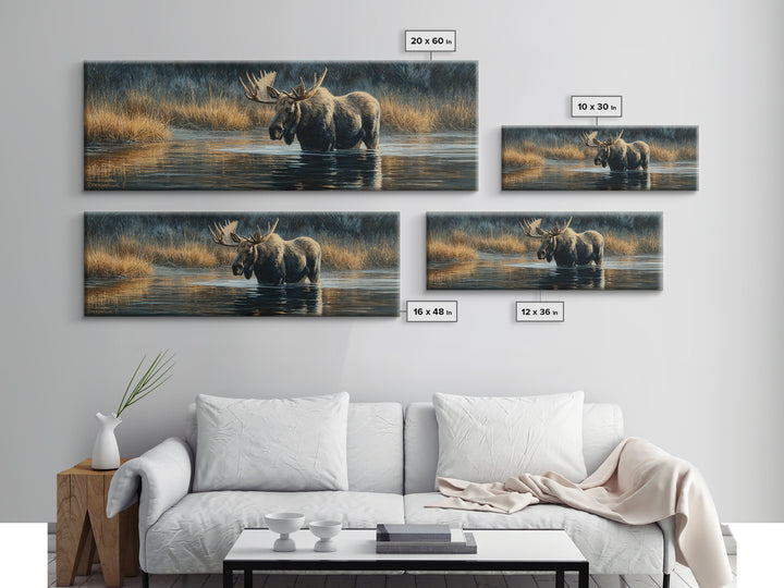 Moose Standing in Reflective Lake Canvas Print, Wildlife Art, Oil Painting, Living Room Decor, Fine Art, Wild, Bedroom Wall Art, WIL-3x1-83