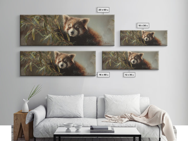 Red Panda Among Bamboo Leaves Framed Canvas Print, Wildlife Art, Wall Decor, Living Room Decor, Wild, Living Room Wall Art, WIL-3x1-84