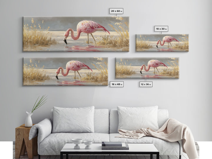 Flamingos in Pink Shallow Water Canvas Print, Wildlife Art, Canvas Wall Art, Living Room Decor, Watercolor Art, Wild, WIL-3x1-86