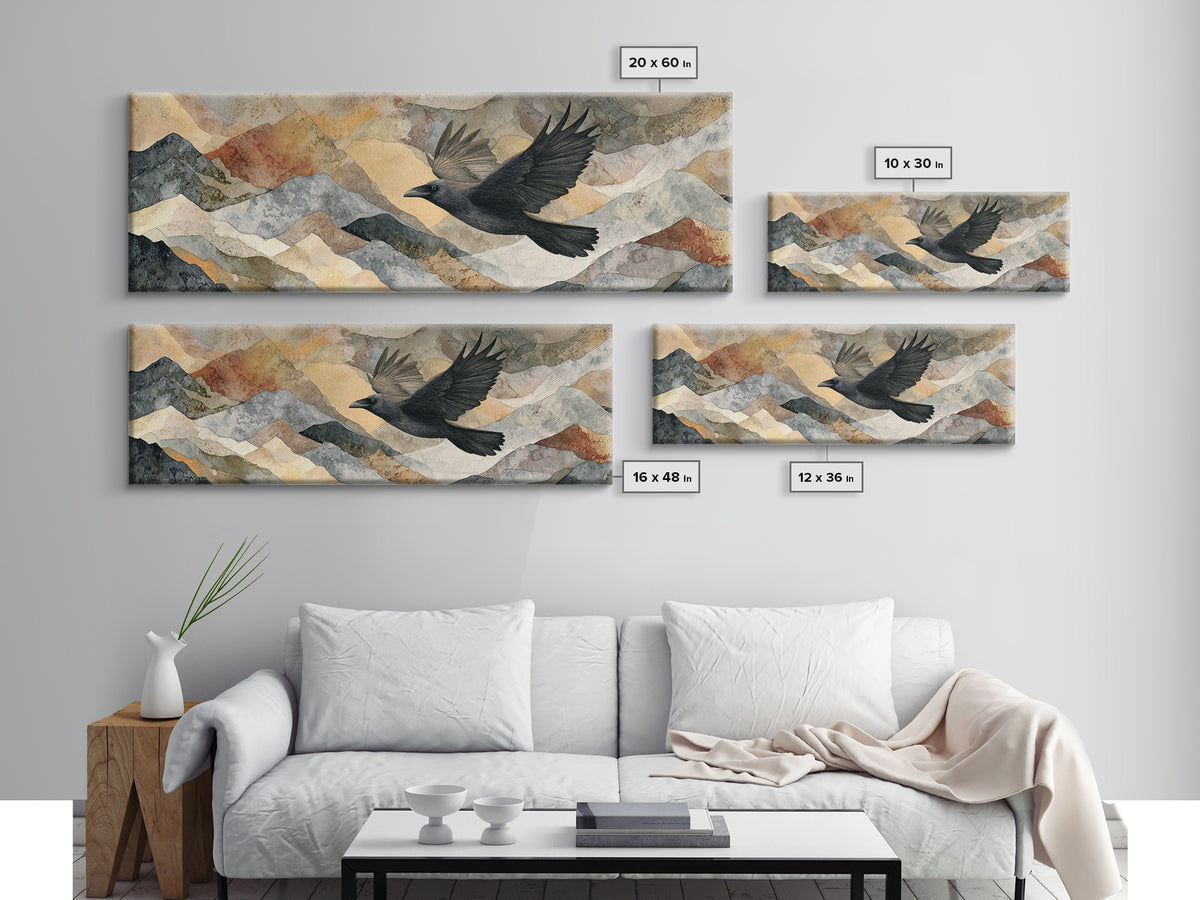Raven Flying Through Snowy Mountains Canvas Print, Wildlife Art, Minimalist Decor, Living Room Decor, Fine Art, Wild, WIL-3x1-88
