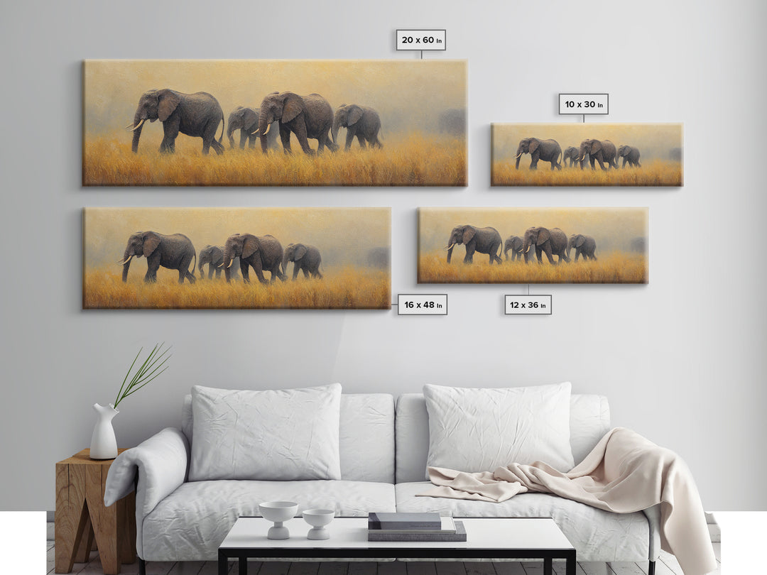 Elephant Herd Walking Through Dusty Sunset Framed Canvas Print, Wildlife Art, Landscape Art, Living Room Decor, Fine Art, Wild, WIL-3x1-90