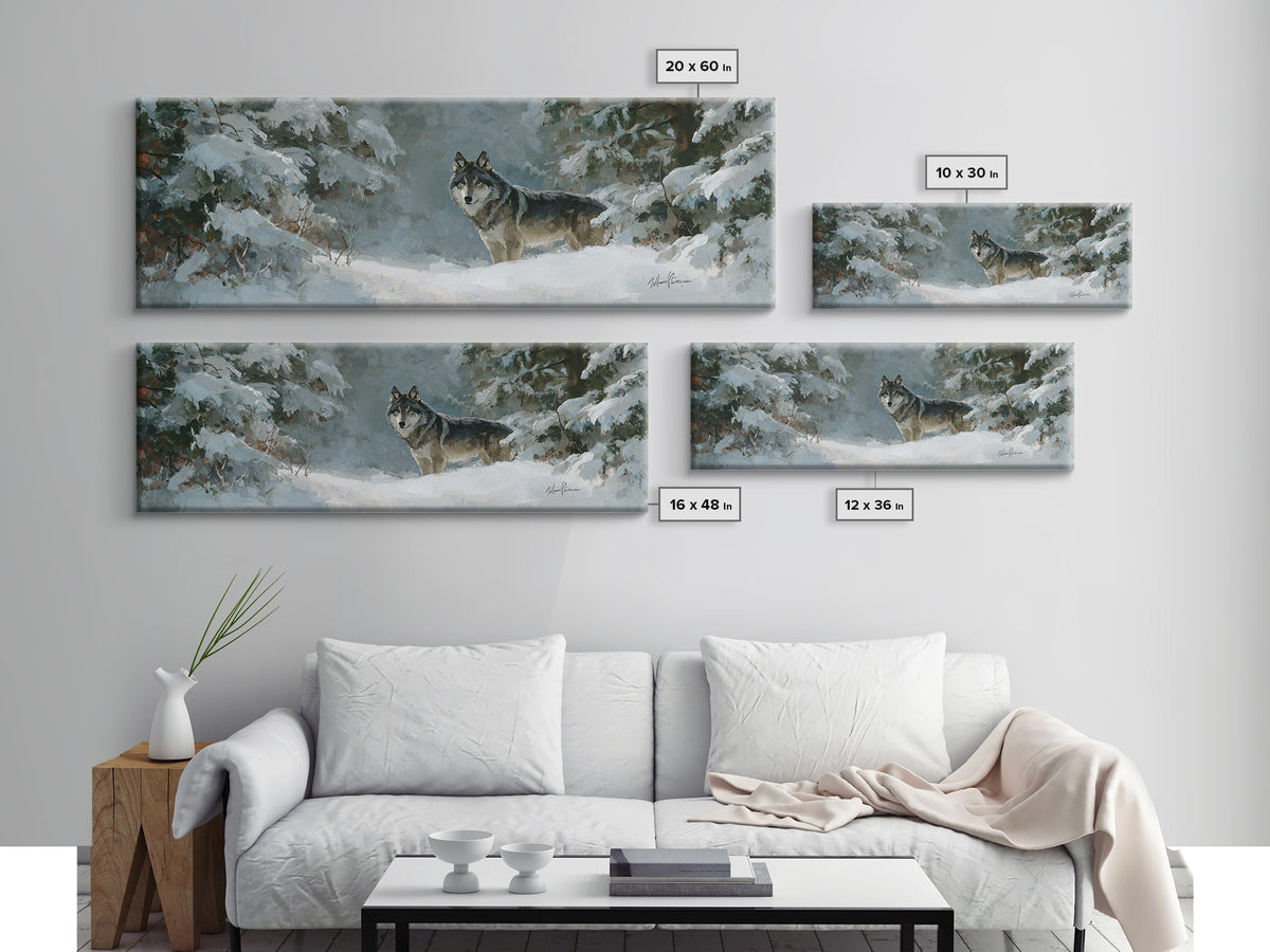 Wolf Standing Beneath Snowy Pine Trees Canvas Print, Wildlife Art, Room Decor, Living Room Decor, Fine Art, Wild, WIL-3x1-91