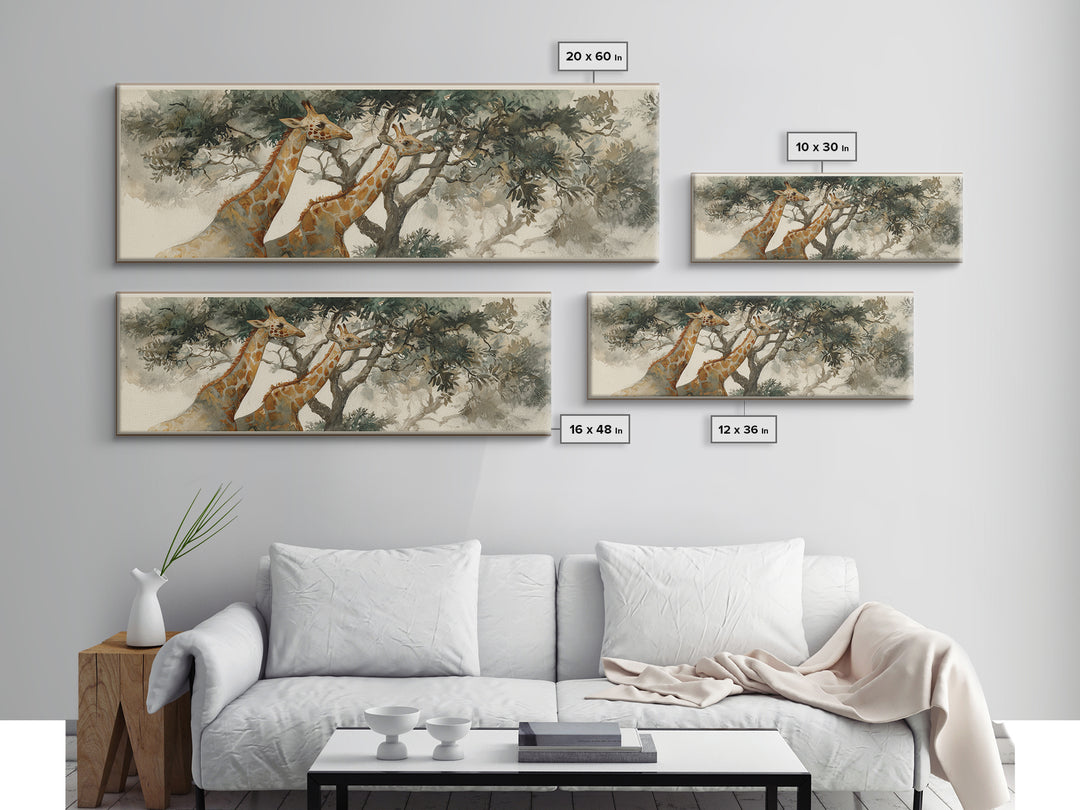 Giraffe Pair under Acacia Tree Canvas Print, Wildlife Art, Living Room Decor, Oil Painting, Wild, Original Art, WIL-3x1-95