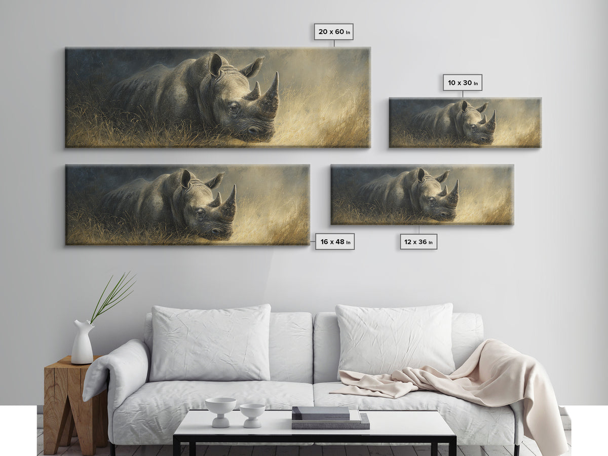 Rhino in Dramatic Stormy Light Canvas Print, Wildlife Art, Neutral Decor, Living Room Decor, Fine Art, Wild, Wall Art, WIL-3x1-96
