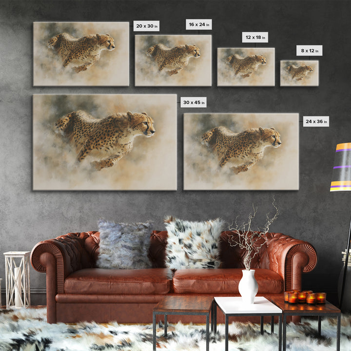 Cheetah Running Through Warm Dust Canvas Print, Wildlife Art, Modern Wall Art, Living Room Decor, Fine Art, Wild, Bird Wall Art, WIL-3x2-1