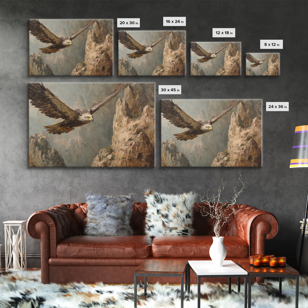 Eagle Soaring Above Rocky Cliffs Framed Canvas Print, Wildlife Art, Wall Art Print, Living Room Decor, Fine Art, Wild, WIL-3x2-10