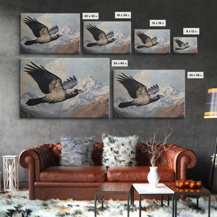 Raven Flying Through Snowy Mountains Framed Canvas Print, Wildlife Art, Fine Art Print, Living Room Decor, Fine Art, Wild, WIL-3x2-100