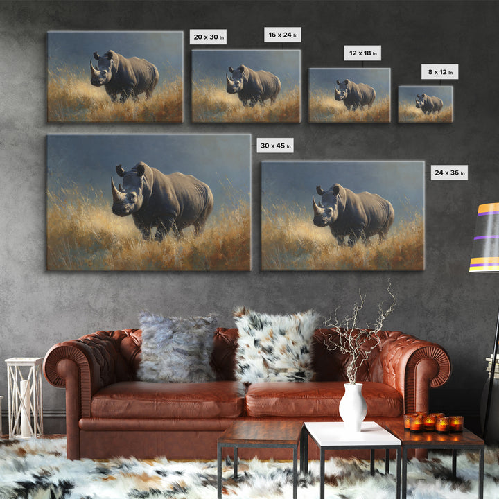 Rhino in Dramatic Stormy Light Canvas Print, Wildlife Art, Modern Wall Art, Living Room Decor, Fine Art, Wild, Bird Wall Art, WIL-3x2-12