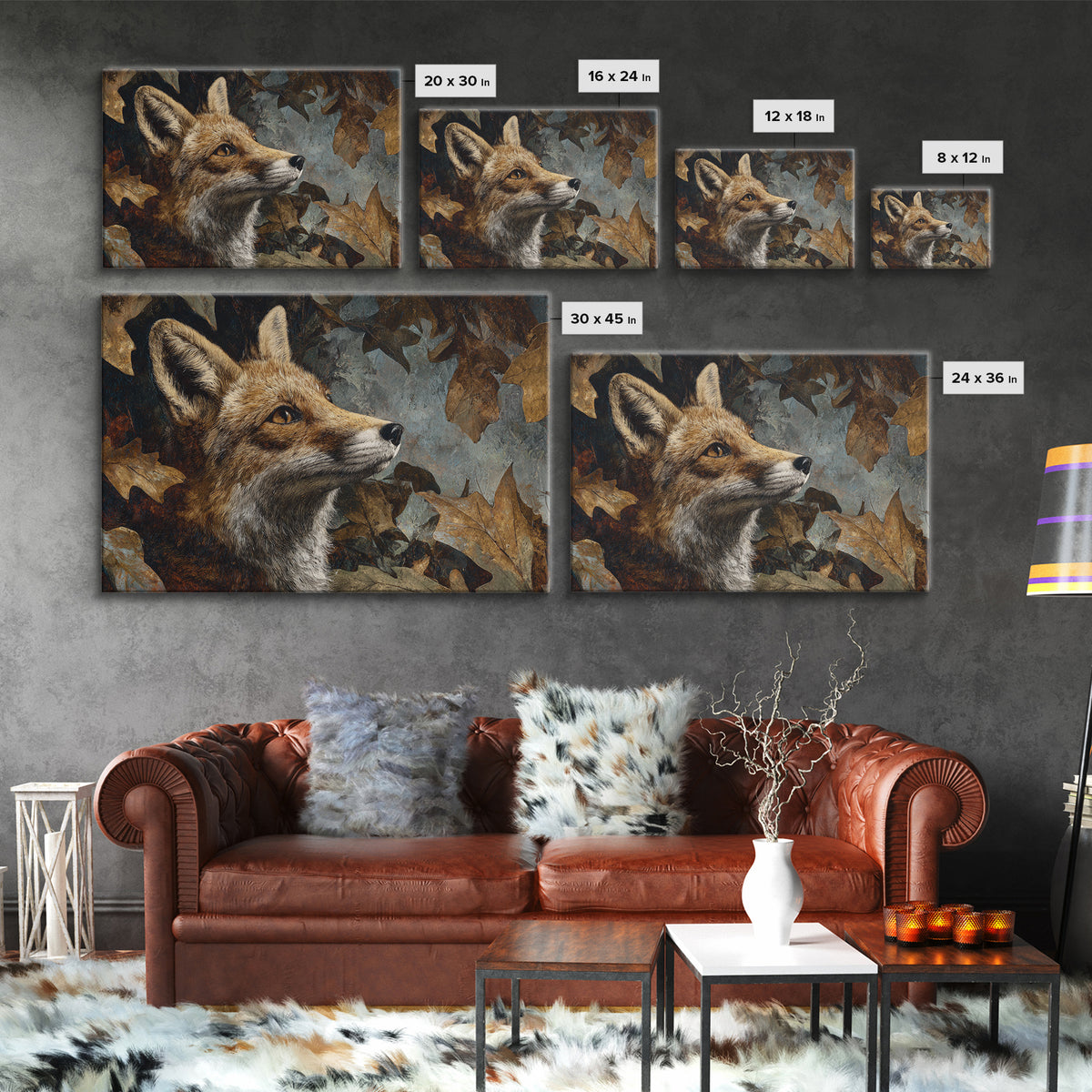 Fox in Autumn Forest Leaves Framed Canvas Print, Wildlife Art, Canvas Print, Living Room Decor, Fine Art, Wild, Forest Wall Art, WIL-3x2-13