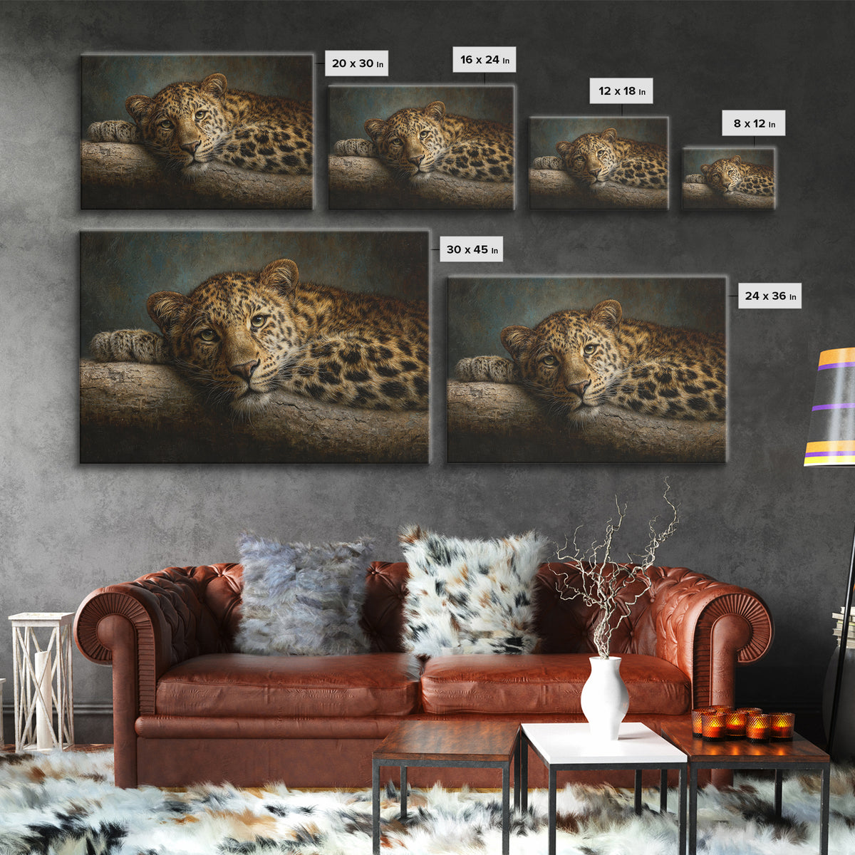 Leopard Resting on Tree Branch Framed Canvas Print, Wildlife Art, Large Wall Art, Living Room Decor, Watercolor Art, Wild, WIL-3x2-18