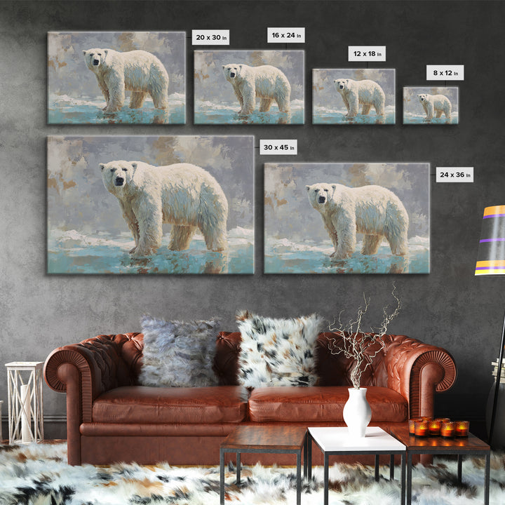 Polar Bear Crossing Blue Ice Framed Canvas Print, Wildlife Art, Living Room Art, Living Room Decor, Fine Art, Wild, Boho Decor, WIL-3x2-19