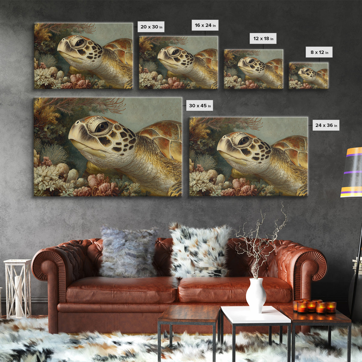 Sea Turtle over Coral Reef Canvas Print, Wildlife Art, Original Art, Living Room Decor, Oil Painting, Wild, Leopard Wall Art, WIL-3x2-22