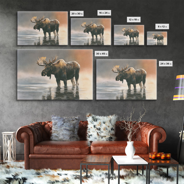 Moose Standing in Reflective Lake Framed Canvas Print, Wildlife Art, Living Room Wall Art, Living Room Decor, Oil Painting, WIL-3x2-23