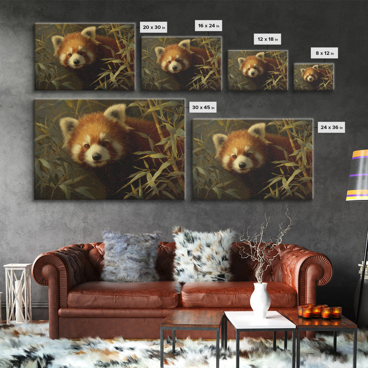 Red Panda Among Bamboo Leaves Framed Canvas Print, Wildlife Art, Canvas Print, Living Room Decor, Wild, Forest Wall Art, WIL-3x2-24