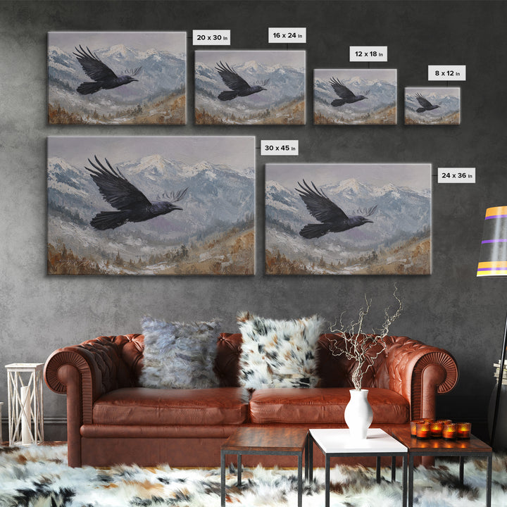 Raven Flying Through Snowy Mountains Framed Canvas Print, Wildlife Art, Living Room Decor, Watercolor Art, Wild, WIL-3x2-28