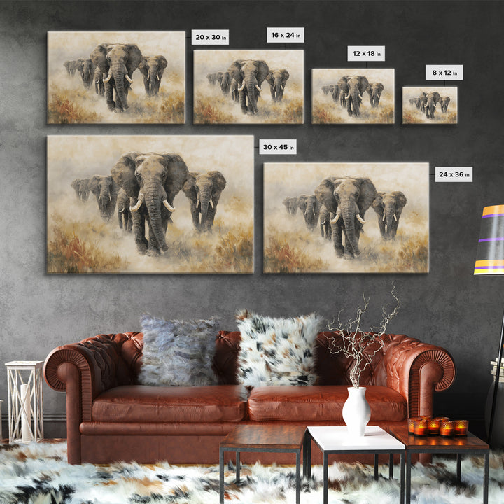 Elephant Herd Walking Through Dusty Sunset Canvas Print, Wildlife Art, Living Room Wall Art, Living Room Decor, Fine Art, Wild, WIL-3x2-30