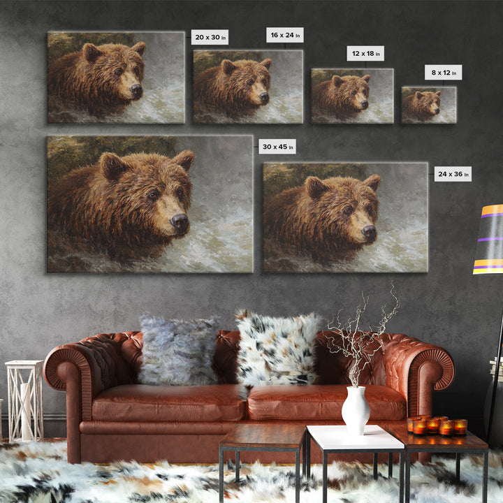 Bear Fishing in Rushing Mountain River Canvas Print, Wildlife Art, Bird Art, Living Room Decor, Oil Painting, Wild, WIL-3x2-32