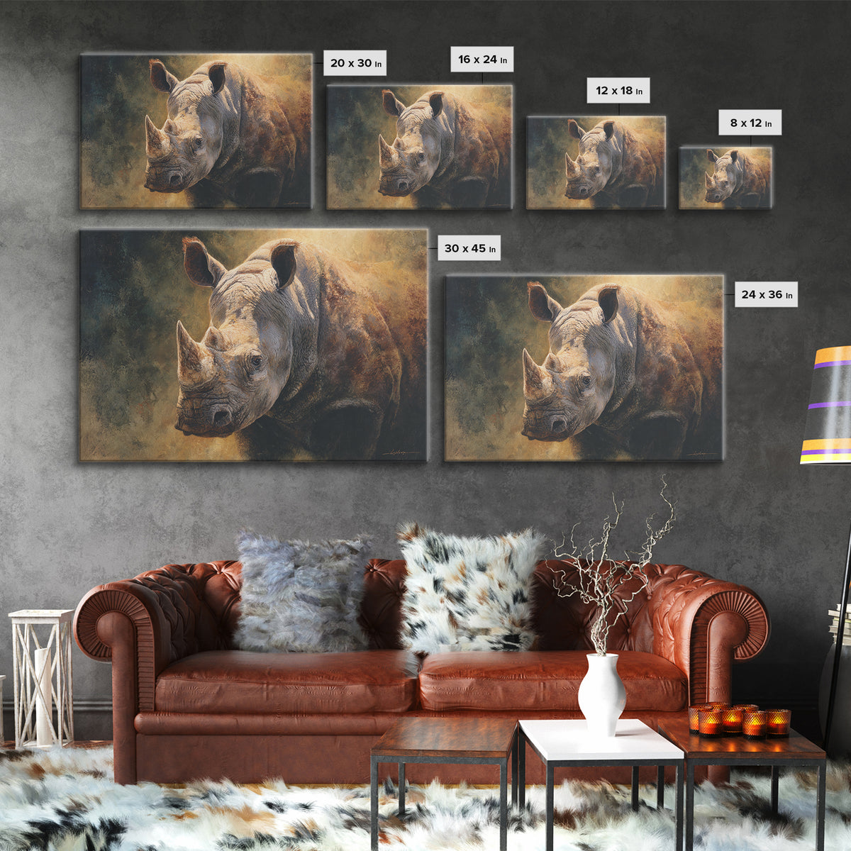 Rhino in Dramatic Stormy Light Framed Canvas Print, Wildlife Art, Bedroom Wall Art, Living Room Decor, Fine Art, Wild, WIL-3x2-36