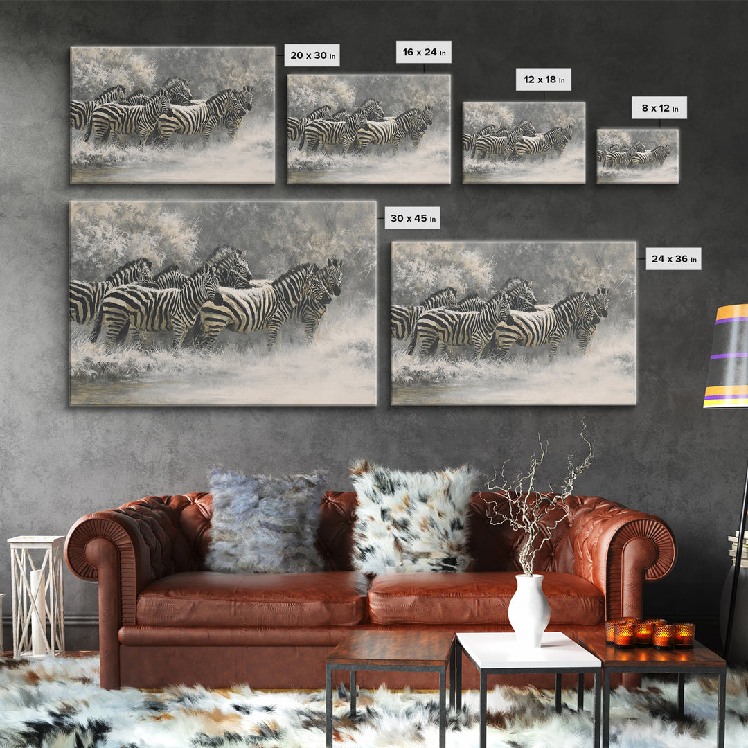 Zebra Herd in Graphic Black and White Framed Canvas Print, Wildlife Art, Neutral Decor, Living Room Decor, Fine Art, Wild, WIL-3x2-39