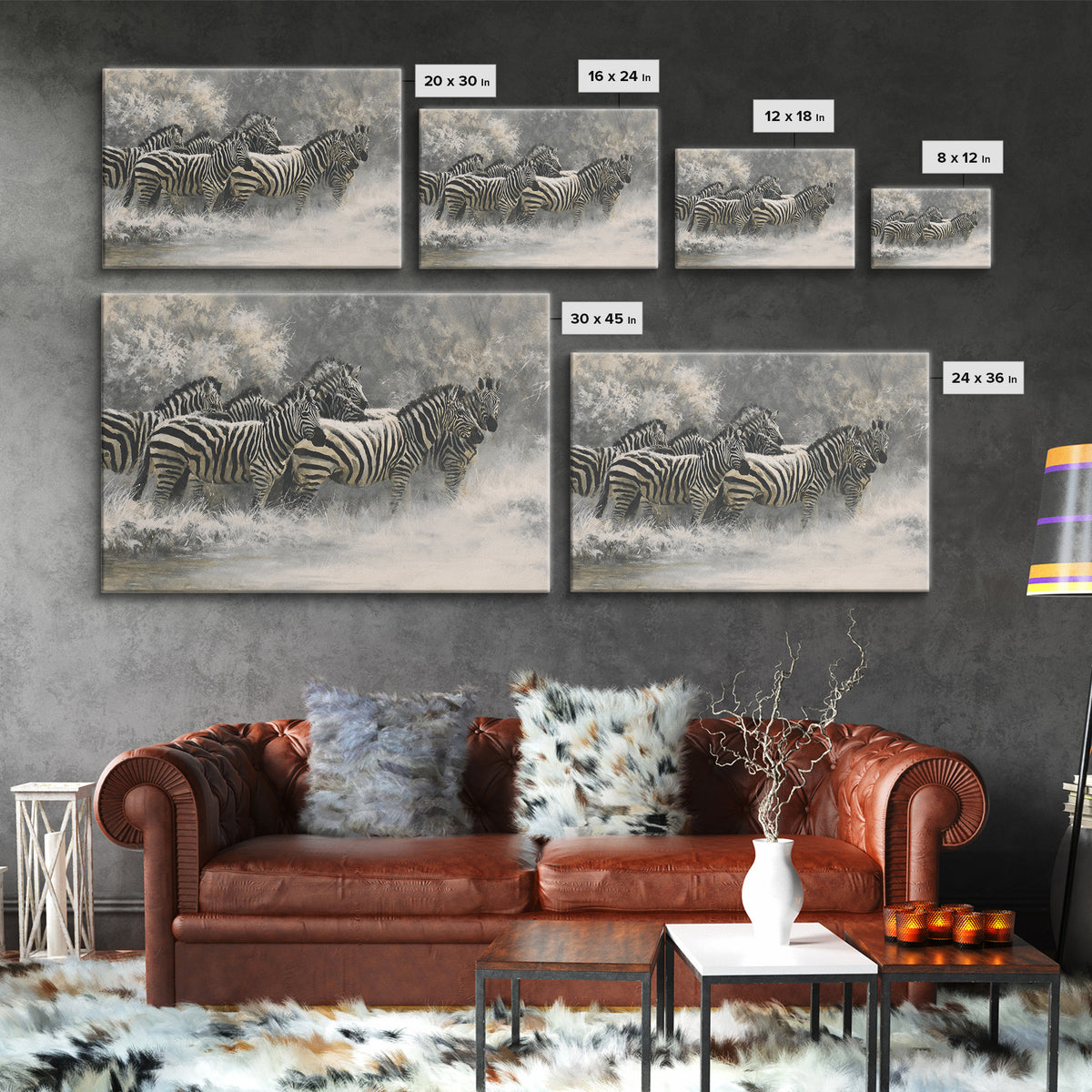 Zebra Herd in Graphic Black and White Framed Canvas Print, Wildlife Art, Neutral Decor, Living Room Decor, Fine Art, Wild, WIL-3x2-39