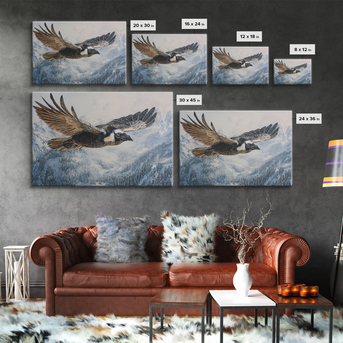Raven Flying Through Snowy Mountains Canvas Print, Wildlife Art, Wall Hangings, Living Room Decor, Fine Art, Wild, Bird Art, WIL-3x2-4