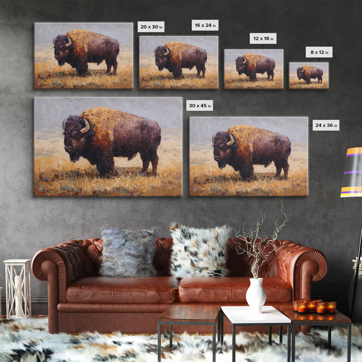 Bison on Wide Western Prairie Framed Canvas Print, Wildlife Art, Digital Download Art, Living Room Decor, Watercolor Art, Wild, WIL-3x2-41