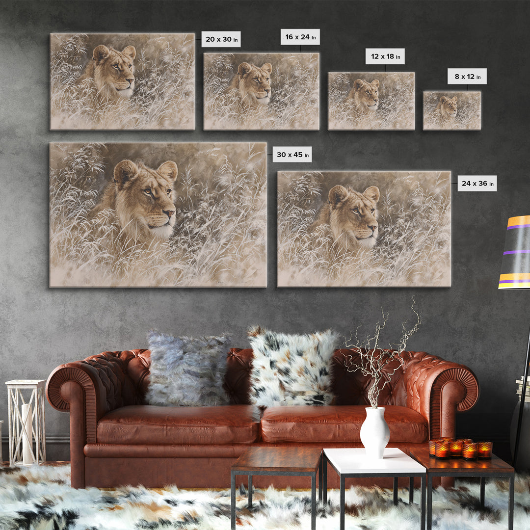 Lion Emerging from Golden Savanna Grass Framed Canvas Print, Wildlife Art, Modern Art, Living Room Decor, Fine Art, Wild, WIL-3x2-5