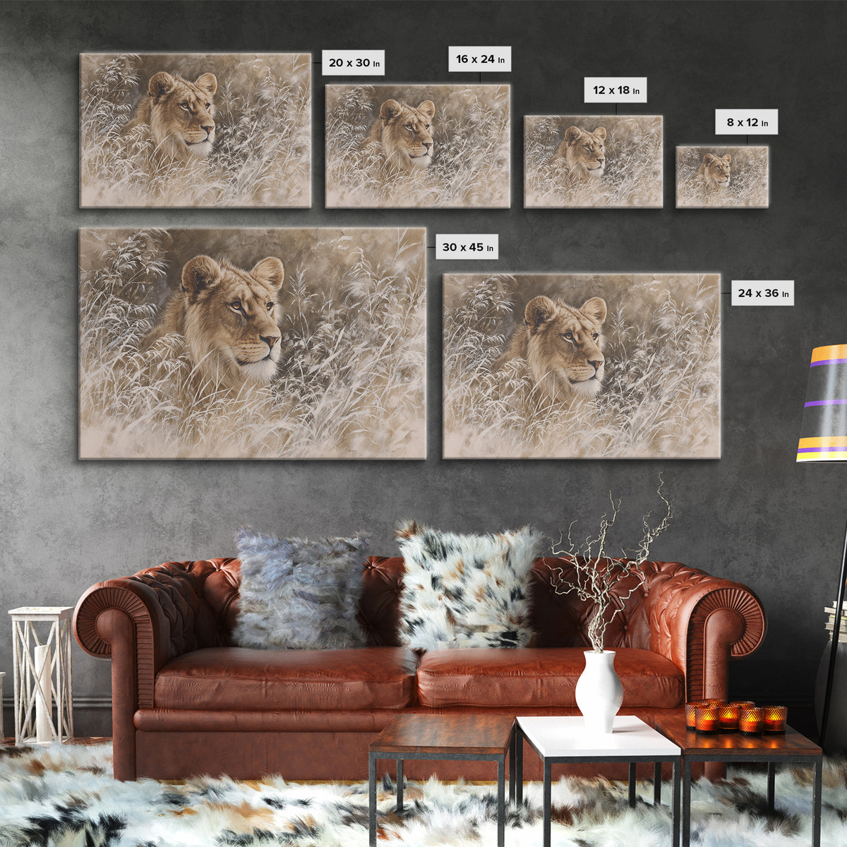 Lion Emerging from Golden Savanna Grass Framed Canvas Print, Wildlife Art, Modern Art, Living Room Decor, Fine Art, Wild, WIL-3x2-5