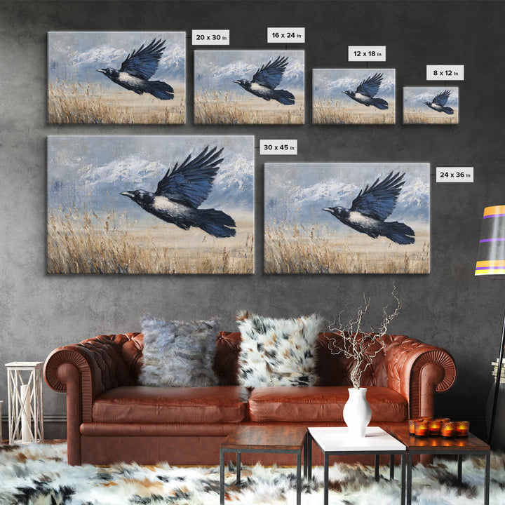 Raven Flying Through Snowy Mountains Canvas Print, Wildlife Art, Living Room Wall Art, Living Room Decor, Fine Art, Wild, WIL-3x2-52